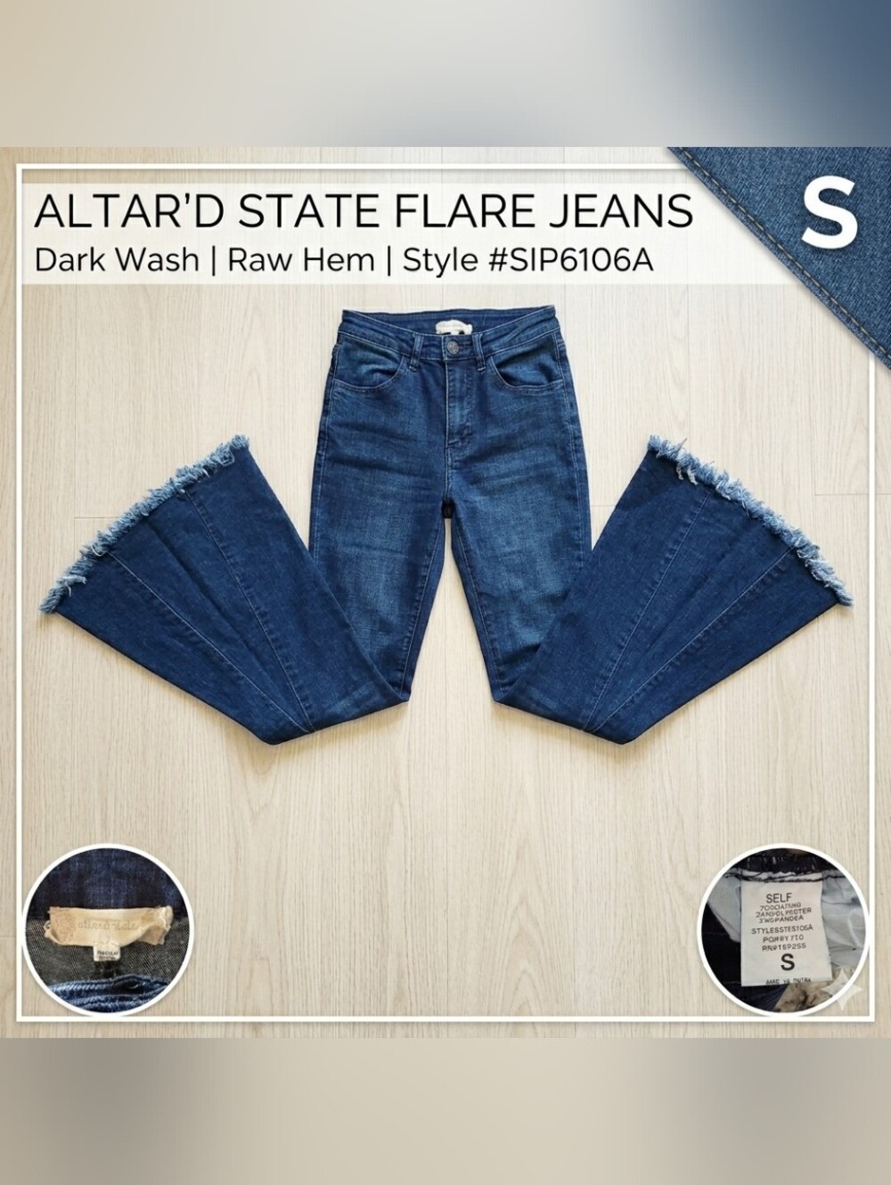 Altar'd State High Rise Super Flare Jeans Dark Wash Raw Frayed Hem Boho Sz S